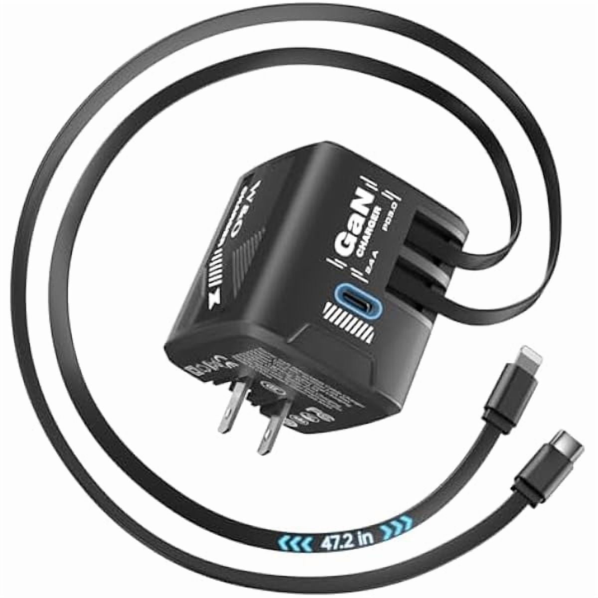 xzyuan Fast Charger for iPhone17/16/15,60W gan Charger,Retractable Phone Charger Wall Plug with Lightening and Type-C Cables,for iPhone Series, Galaxy S25/24,Android and More（Black）