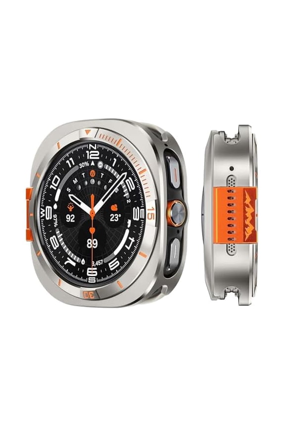 Metal Cover Compatible with Samsung Galaxy Watch Ultra Case 2025/2024, 2 in 1 Protective Rugged Bumper with Back Frame for Galaxy Watch 47mm (Titanium/Orange)