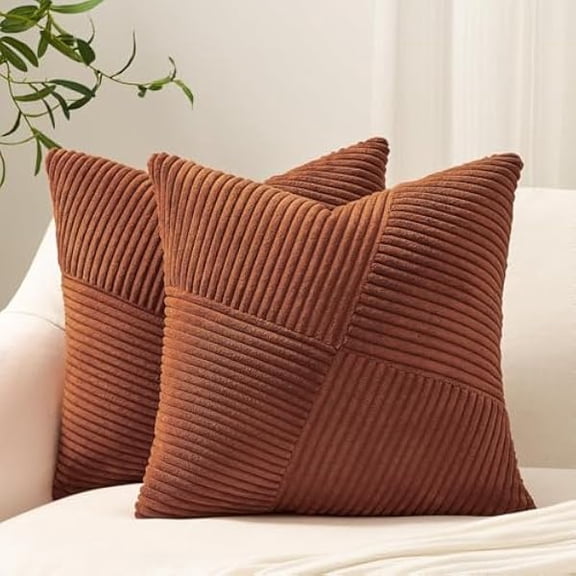 xzyuan Set of 2 Decorative Terracotta Throw Pillow Covers 18x18 Inch for Couch Sofa Bed, Farmhouse Boho Rustic Home Decor,Soft Corduroy Windmill Textured Striped Patchwork Cushion Cases