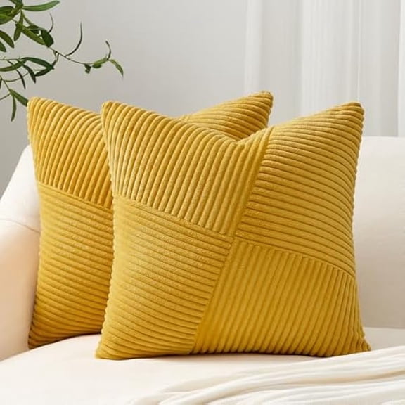 xzyuan Set of 2 Decorative Yellow Throw Pillow Covers 18x18 Inch for Couch Sofa Bed, Farmhouse Boho Rustic Home Decor,Soft Corduroy Windmill Textured Striped Patchwork Cushion Cases