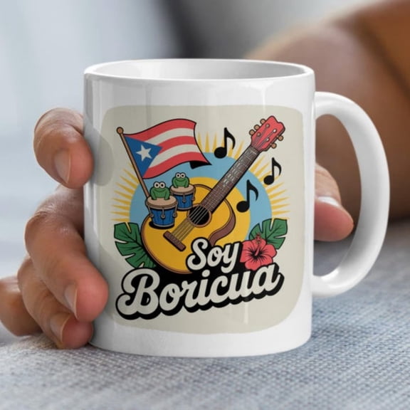 y Boricua Mug, Puerto Rin , Coqui Frog, Guitar.