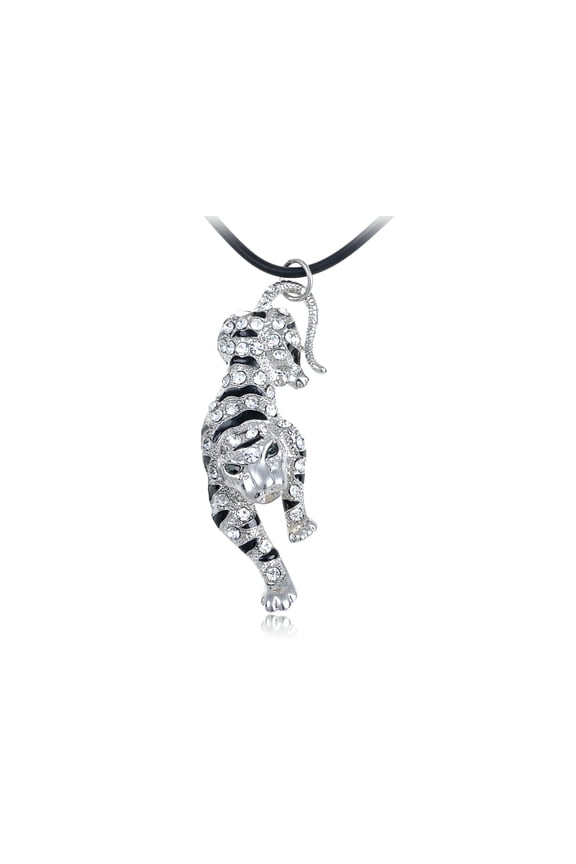 y Tone Clear Crystal Rhinestones Animal Tiger Cord Pendant Necklace