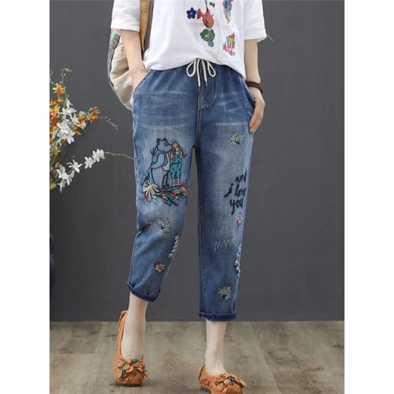 y2k Elastic Waist Embroidery Lace Up Ankle-Length Pants Summer Casual Pencil Jeans Spring Korean Fashion New Vintage Clothes