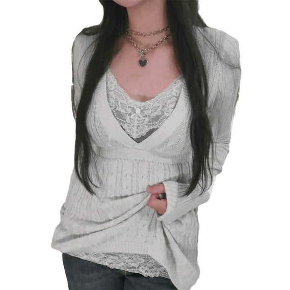 y2k Fairy Grunge Vintage Long Sleeve Tops Aesthetic Clothes 2000s Women Lace Patchwork Tshirt