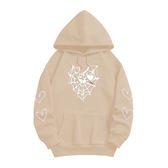 y2k Fashion Halloween Women Sweatshirts Heart Cobweb Graphic Long Sleeve Oversize Pullover Tops With Pocket Fall Aesthetic Hoodies