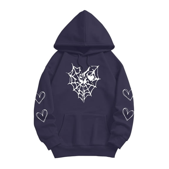 y2k Fashion Halloween Women Sweatshirts Heart Cobweb Graphic Long Sleeve Oversize Pullover Tops With Pocket Fall Aesthetic Hoodies