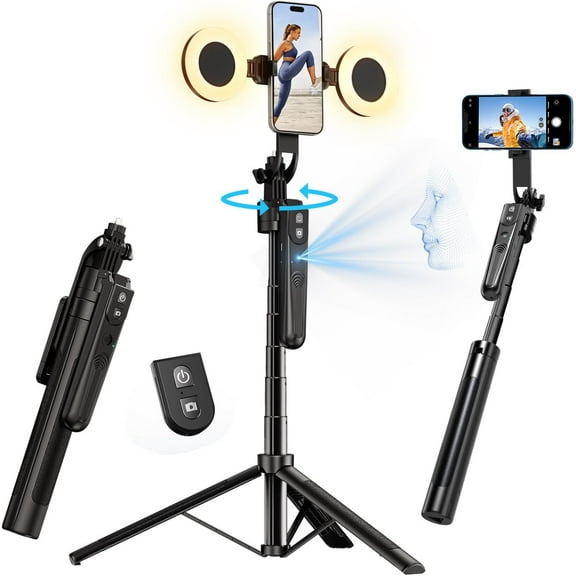 yAyusi 70.9" Auto Face Tracking Selfie Stick Tripod for iPhone with Light, No App, 360 Rotation Tripod That Follows Your Movement with Remote Control for Vlog/Live Stream/Video Recording