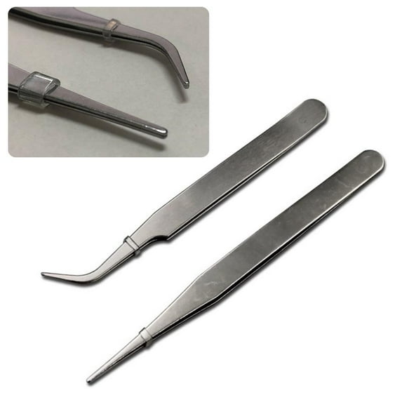yaaqii 2pcs Stainless Steel Mini Tweezers Dismantling Repair Tool Curved Straight Tip