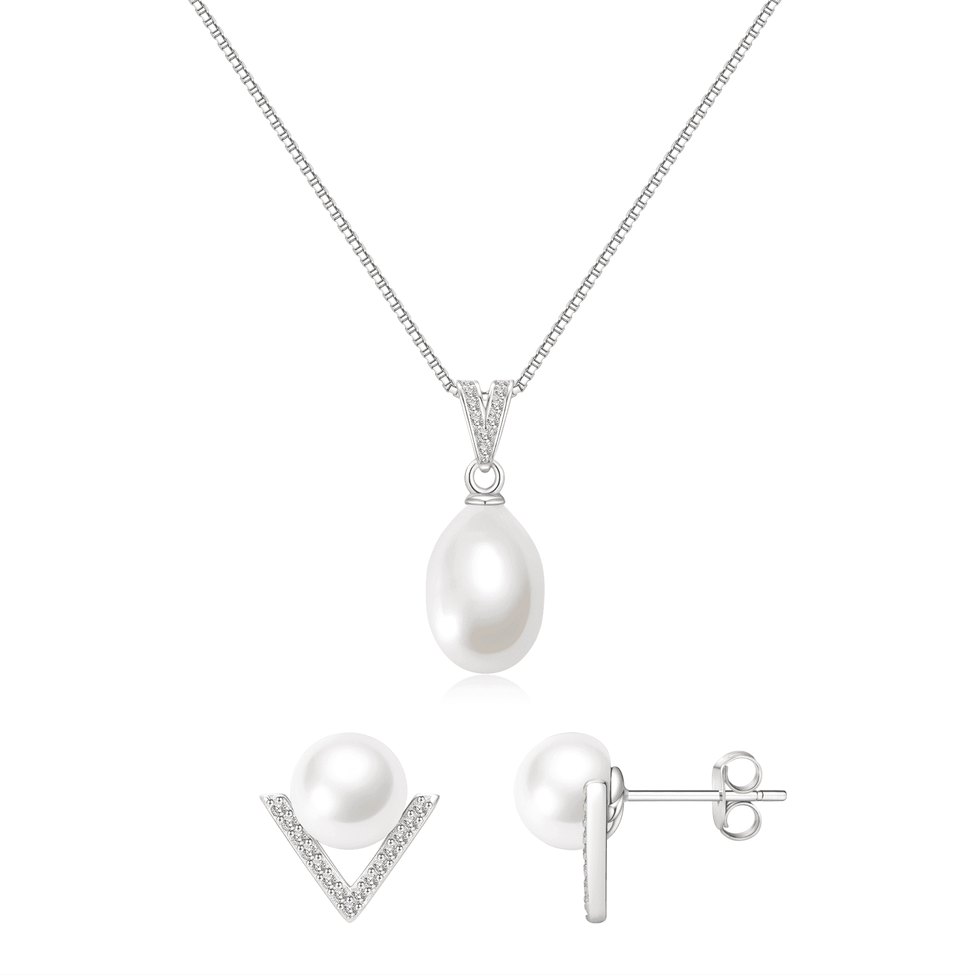 YAMI 10-11 mm Freshwater Cultured Pearl Necklace & Earrings Set, 925 Sterling Silver White Pearl  Valentine's Day Jewelry Gift for Her