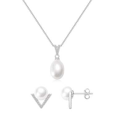 YAMI 10-11 mm Freshwater Cultured Pearl Necklace & Earrings Set, 925 Sterling Silver White Pearl  Valentine's Day Jewelry Gift for Her