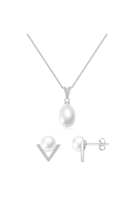 10-11 mm Freshwater Cultured Pearl Necklace & Earrings Set, 925 Sterling Silver White Pearl Valentine's Day Jewelry Gift for Her