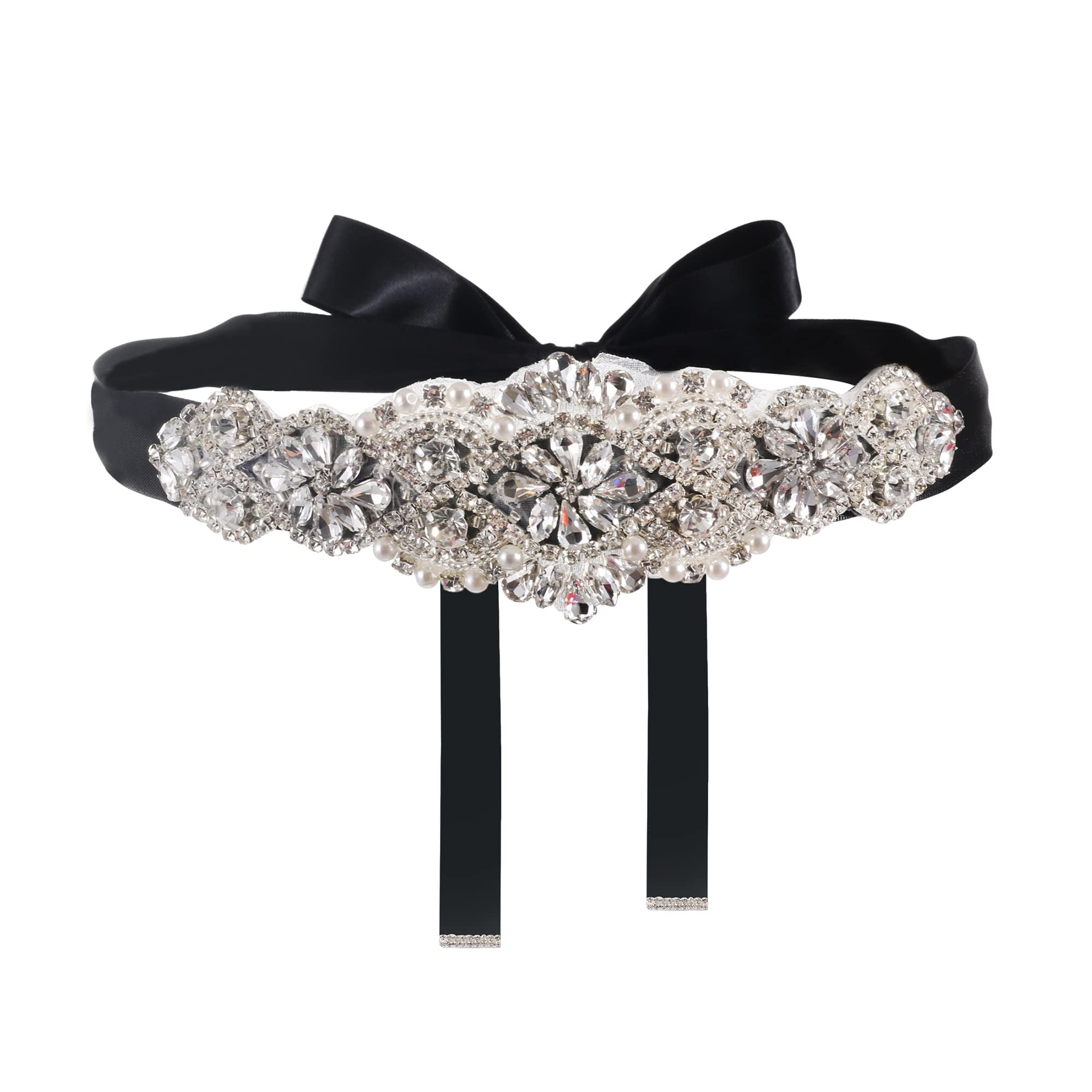 yanstar Silver Bridal Rhinestone Wedding Belts Hand Crystal Beads Belt Black SAS