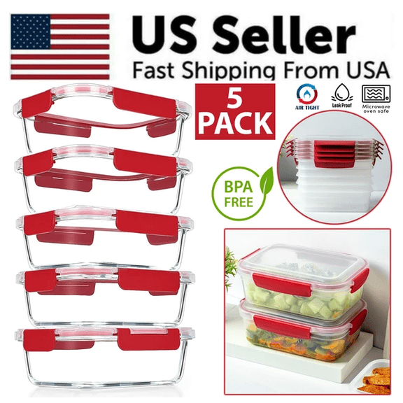 (yaotaoxin)-- 5 Pack Stackable Food Storage Containers Airtight & Leakproof Set Snap Lock Lids