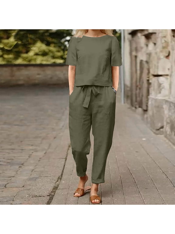 2 Piece Outfits for Women Summer Cotton Linen Lounge Sets Petite Tops Casual Matching Set Short Sleeve T Shirts and Capri Pants with Pockets 2024 Army Green,L