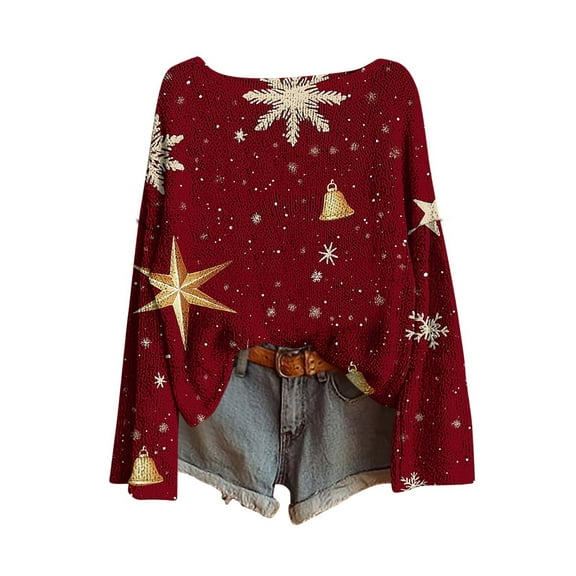 yardsong 2025 Boho for Women Holiday Sweater - Boat Neck Long Sleeve Imitation Knit Christmas Xmas Pullover Red,S
