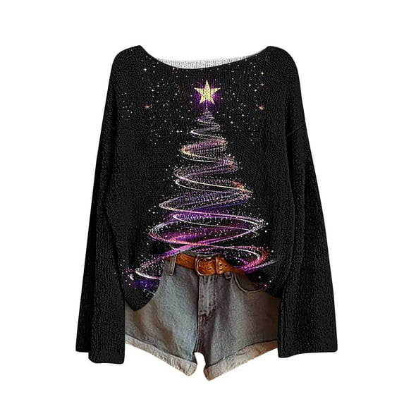 yardsong 2025 Christmas Womens Boho Sweatshirt - Boat Neck Long Sleeve Imitation Knit Xmas Holiday Pullover Black,L