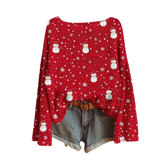 yardsong 2025 Holiday for Women Xmas Sweater - Boat Neck Long Sleeve Imitation Knit Boho Christmas Pullover Red,S