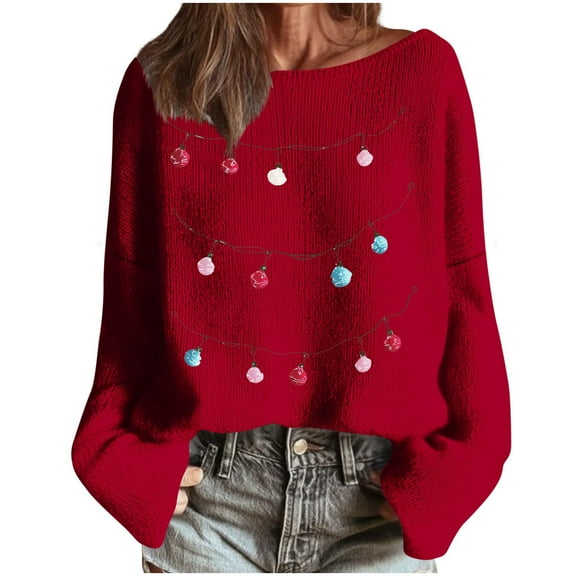 yardsong 2025 Long Sleeve Womens Boho Sweater - Boat Neck Imitation Knit Christmas Xmas Theme Holiday Pullover Red,XL