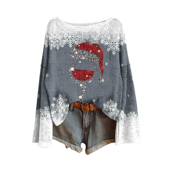 yardsong 2025 Women's Boho Tops Christmas Sweaters Boat Neck Long Sleeve Imitation Pullover Xmas Holiday Sweatshirt Gray,S