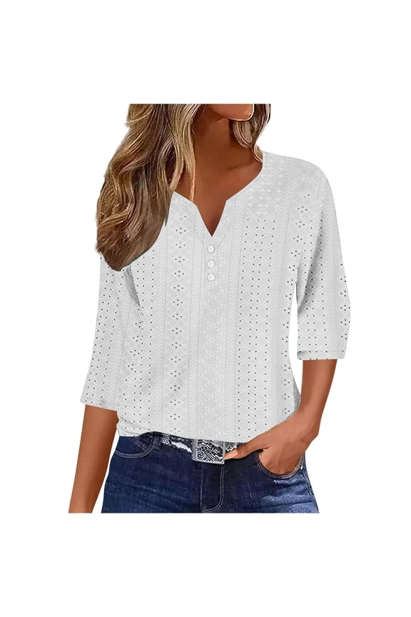 3/4 Length Sleeve Womens Fall Eyelet Tops 2024 Trendy Dressy Casual Blouses Button V Neck T Shirts Comfy Solid Color Basic Tees White,XXL
