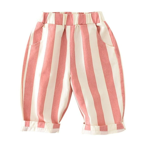 yardsong Baby Boys Striped Pants Toddler Girls Elastic Waistband Cotton Pull On Trousers Thin Casual Beach Shorts Pants with Pockets Pink,18 Months