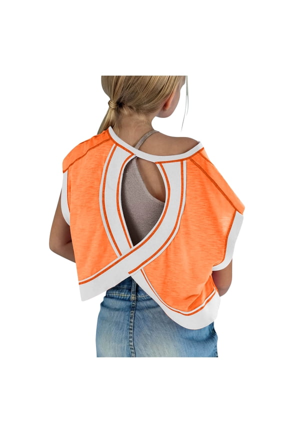Back to School Clothes for Teen Girls Preppy Color Block Short Sleeve Open Back Gym Shirts Backless Yoga Workout Crop Tees Orange,7 Years