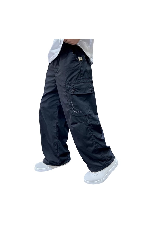 Baggy Cargo Pants Teen Boy Lightweight Y2K High Waist Drawstring Bottom Trousers Straight Leg Parachute Pant with Pockets Black,13 Years
