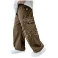 thumbnail image 1 of yardsong Baggy Cargo Pants Teen Boy Lightweight Y2K High Waist Drawstring Bottom Trousers Straight Leg Parachute Pant with Pockets Coffee,7 Years, 1 of 7