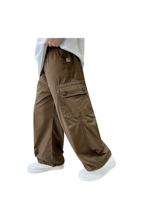 Baggy Cargo Pants Teen Boy Lightweight Y2K High Waist Drawstring Bottom Trousers Straight Leg Parachute Pant with Pockets Coffee,7 Years
