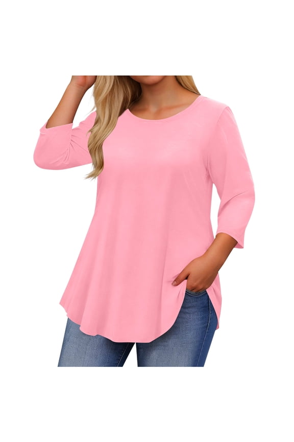 Basic Solid Tshirts 3/4 Sleeve Womens Plus Size Tops Round Neck Spring Summer Curvy Hem Flowy Tunic to Wear with Leggings Pink,XL