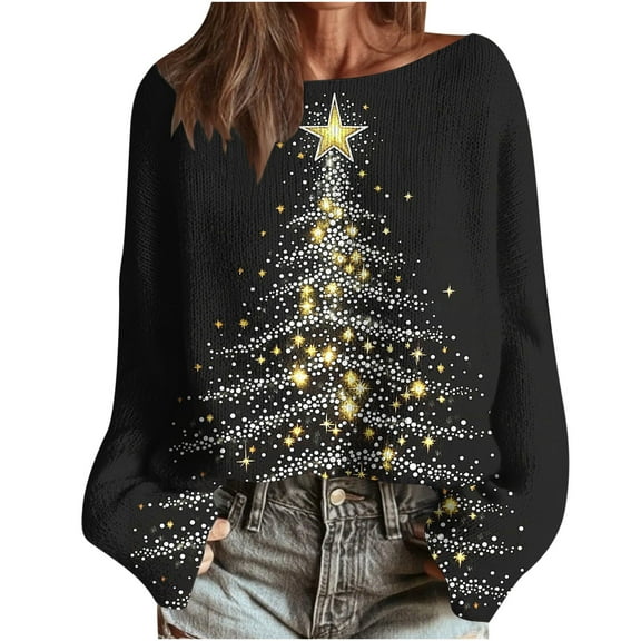 yardsong Boat Neck Holiday Sweater for Women - Imitation Ugly Christmas Pullover Long Sleeve Xmas Trees Graphic Tops Multicolor,L