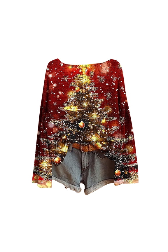 Boat Neck Ugly Christmas Sweater for Women - Imitation Knitted Long Sleeve Wine Red Glass Pattern Holiday Tops Red,L