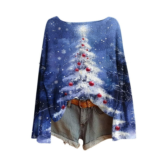 yardsong Boat Neck for Women Sweater - Imitation Knitted Shirts Long Sleeve Xmas Tree Graphic Holiday Pullover Christmas Tops Navy,M