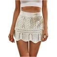 thumbnail image 1 of yardsong Boho Hollow Out Knit Mini Skirt Womens Scalloped Elastic Waist Beach Swimsuit Coverup Beige,L, 1 of 7