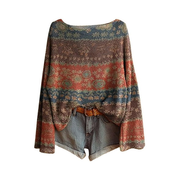 yardsong Boho Tops for Women Fall Sweaters Graphic Tees Tops Long Sleeve Shirts Casual Knit Pullover Vintage Shirt Orange,XL