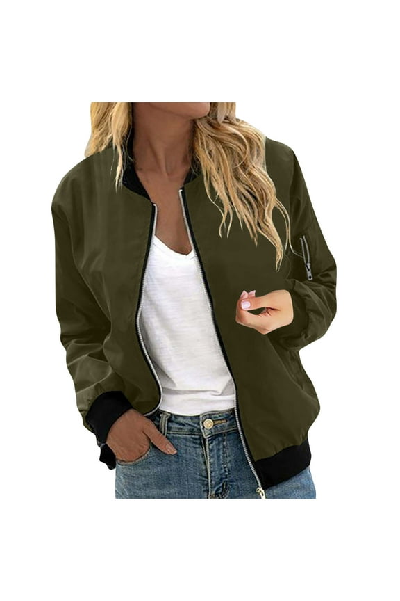 Bomber Jacket Women Lightweight Waterproof Coats Casual Zip Up Windbreaker with Pockets Solid Baseball Track Jackets 2025 Army Green,M