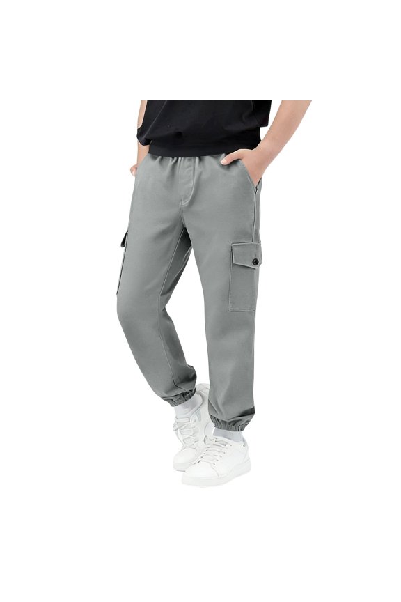 Boys Cargo Pants with Pockets Hiking Camping Straight Leg Uniform Athletic Jogger Pants Kids Elastic Waist School Trousers 4 Years