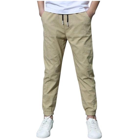 yardsong Boys Linen Jogger Pants Elastic Waist Summer Pant Kids Straight Leg Workout Hiking Joggers Casual Drawstring Trousers Khaki,4 Years