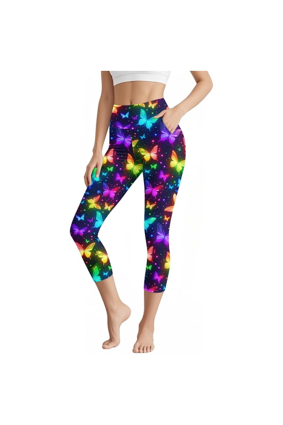 Capri Leggings with Pockets for Women High Waisted Compression Yoga Pants Novelty 3D Graphic Print Athleic Workout Capris Multicolor,L