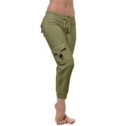 yardsong Cargo Pants Women Stretch Waist Yoga Gym Cropped Trousers Solid Color Button Pockets Leggings Workout Lounge Pants,Prime Deal Womens Tops