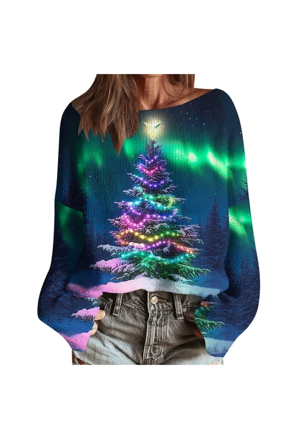 Christmas Long Sleeve Pullover for Women - Boat Neck Imitation Ugly Sweater Xmas Trees Graphic Holiday Tops Multicolor,XL