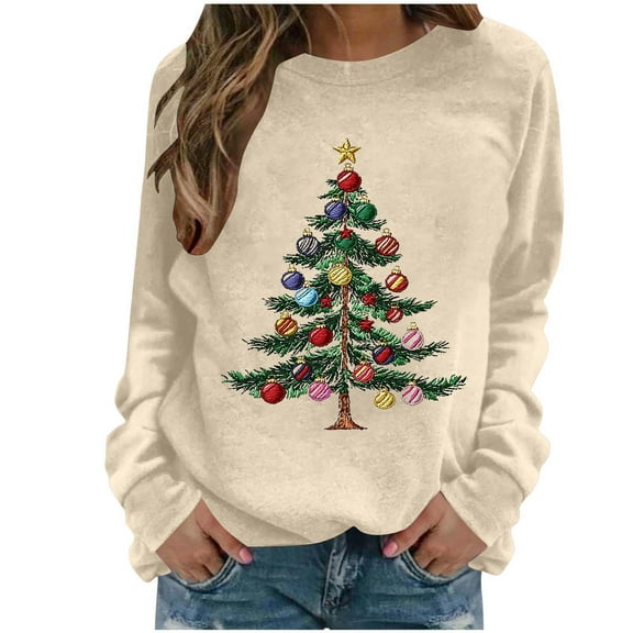 yardsong Christmas Sweatshirt for Women Candy Xmas Tree Graphic Crewneck Pullover Tops Lightweight Long Sleeve Holiday Sweatshirts Khaki,L