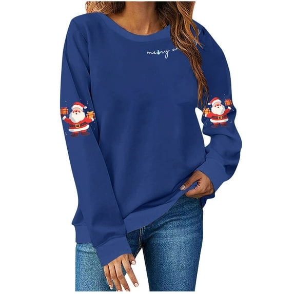 yardsong Christmas Sweatshirts for Women 2025 Santa Claus Print Sweatshirt Lightweight Holiday Party Graphic Crewneck Pullover Tops Blue,M
