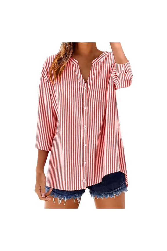 Cotton Linen 3/4 Sleeve Button Down Shirts for Women Gingham Plaid Striped Tops V Neck Casual Loose Tunic Blouse Red,XXL