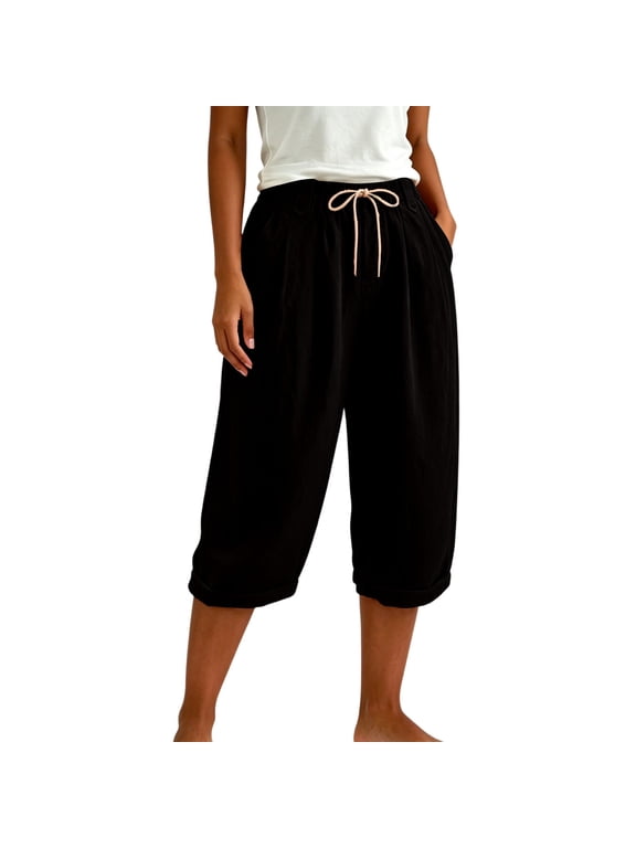 Cotton Linen Capri Pants for Women Drawstring Elastic Waist Cuffed Pant with Pockets Wide Leg Summer Casual Beach Trouser Black,S