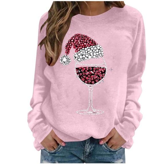 yardsong Crewneck Christmas Pullover Tops for Women Rhinestone Xmas Red Wine Glass Graphic Long Sleeve Holiday Shirts Pink,XL