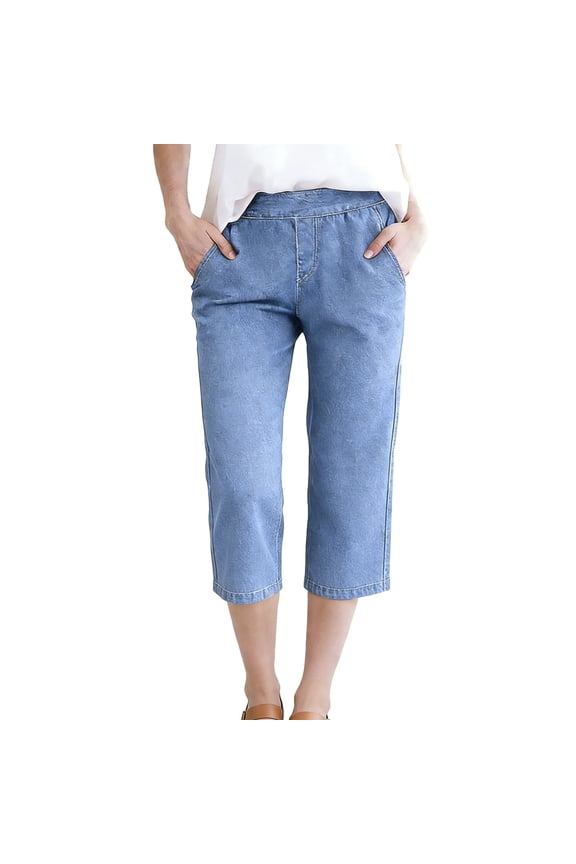 Denim Capris for Women Pull on Elastic Waist Cropped Pants Mid Rise Cropped Jean Pants Capri Jeans Summer Casual Light Blue,S