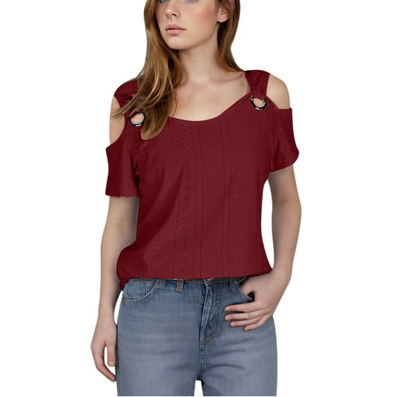yardsong Eyelet Blouses for Women Clearance Sexy Clod Sholuder Tops 2025 Summer Hollow Out Eyelet Short Sleeve T Shirts Going Out Blouses Ladies Tunic Wine,L