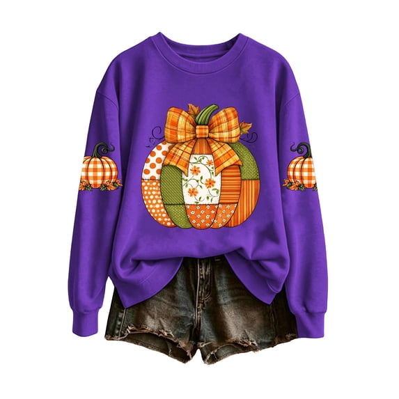 yardsong Fall Pumpkin Sweatshirt Women Halloween Long Sleeve Crewneck Pullover Top Oversized Fall Thankgiving Graphic Sweat Shirts Purple,XXL