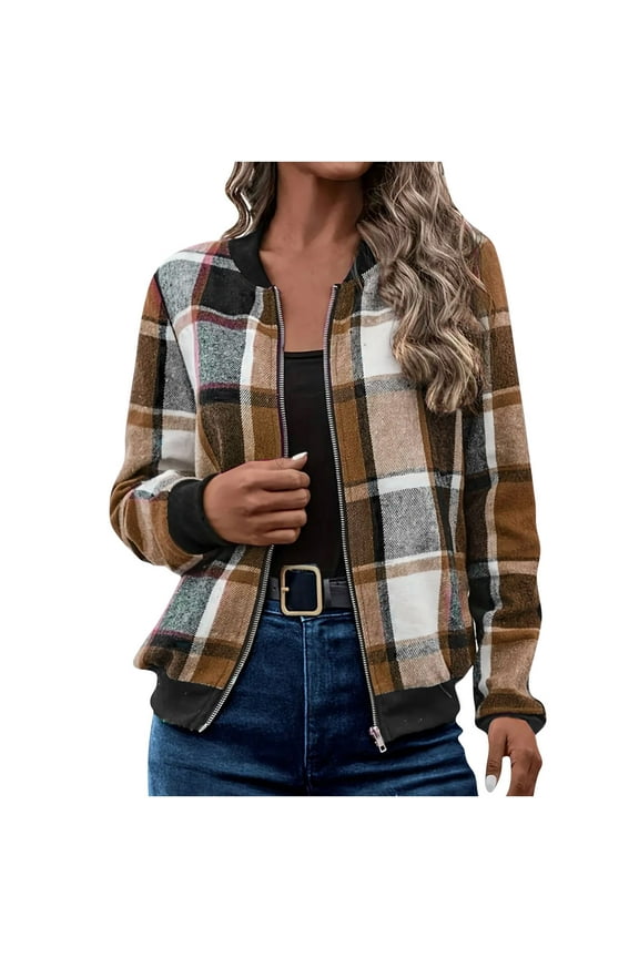 Fall Shackets for Women 2025 Lightweight Jackets Plaid Flannel Shirt Jacket Stand Collar Long Sleeve Zip Up Jackets Brown,L